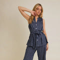 Sleeveless Waist Tie Stripe Top with Stripe Pants