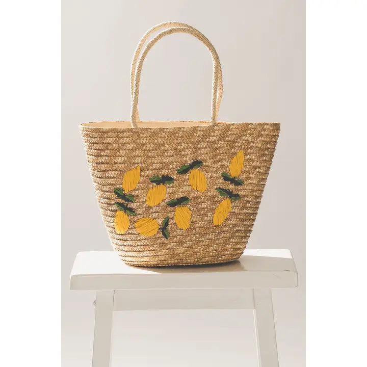 Lemon Embroidered Straw Tote Bag