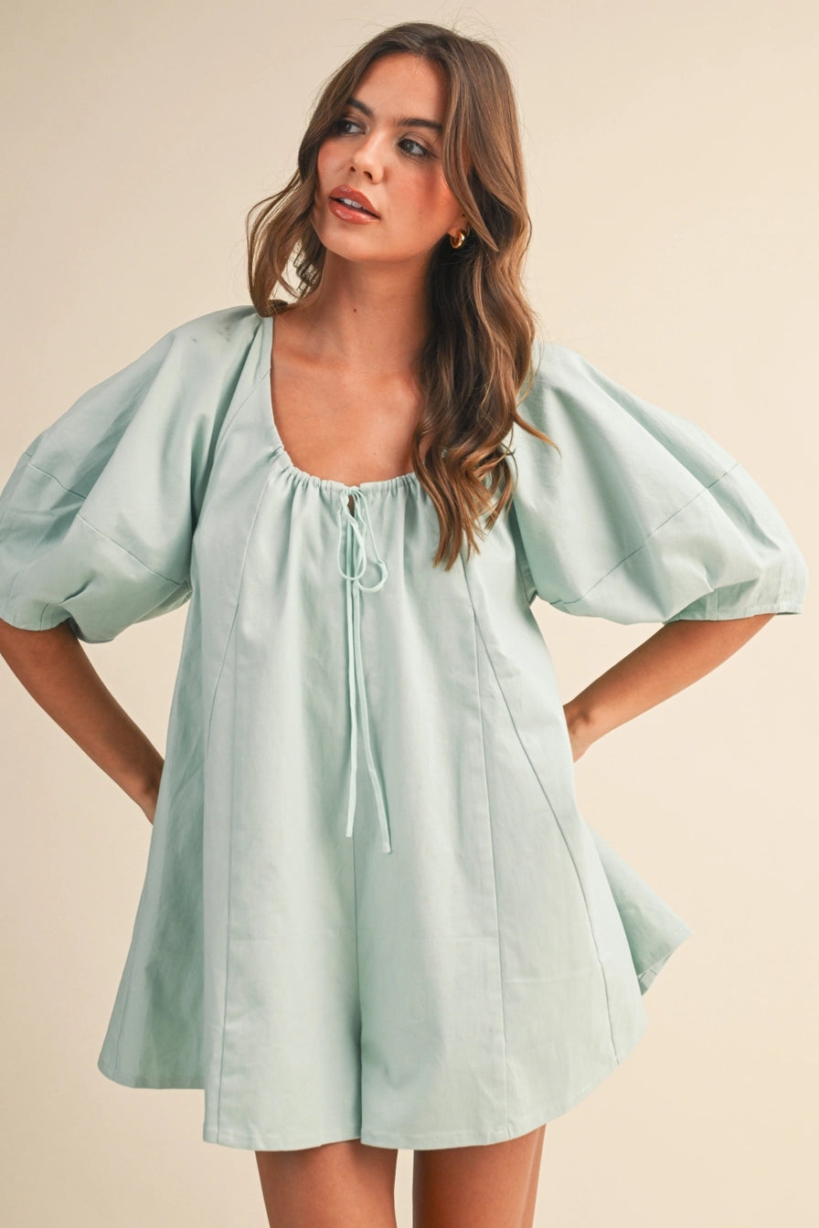 Twill Puff Sleeve Romper