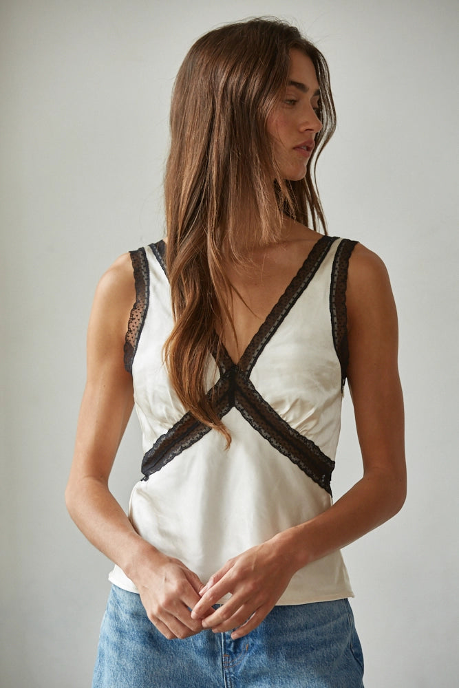 Satin Contrast Lace Trim Tank